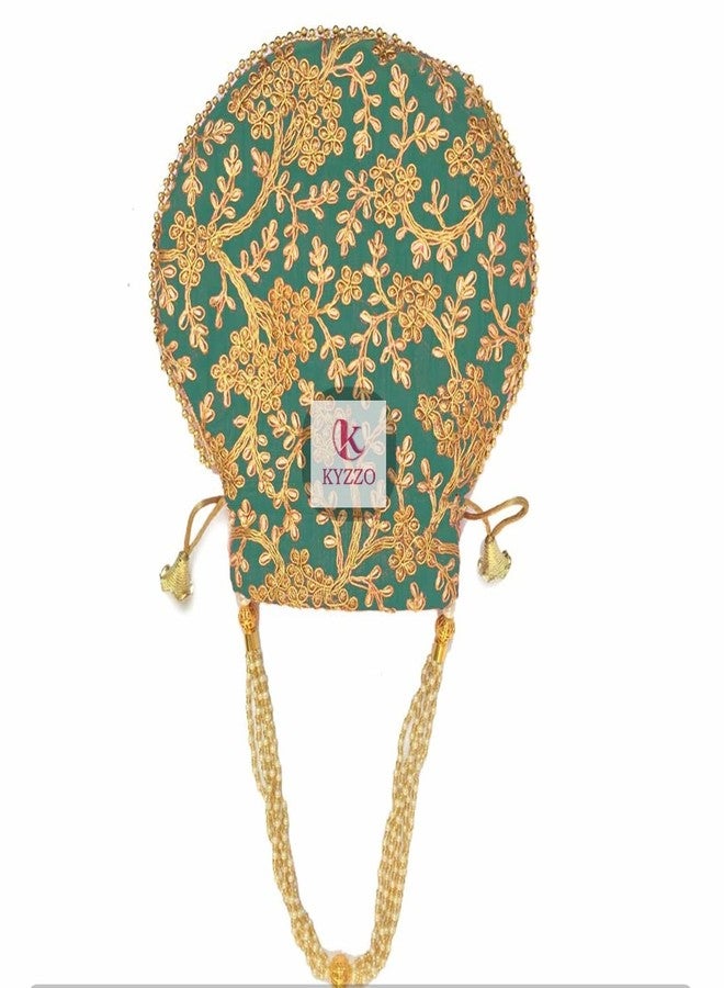 KYZZO Rajasthani Style Royal Clutch Silk Batwa Bag Wristlets Ethnic Potli For Women's Zari Work Potli Bridal Potli, Rama Green - Image 3